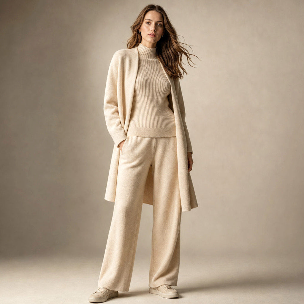 Erdmute | Strick-Set aus Schurwollmischung mit weichem Fall Creme / Beige – Produktfoto