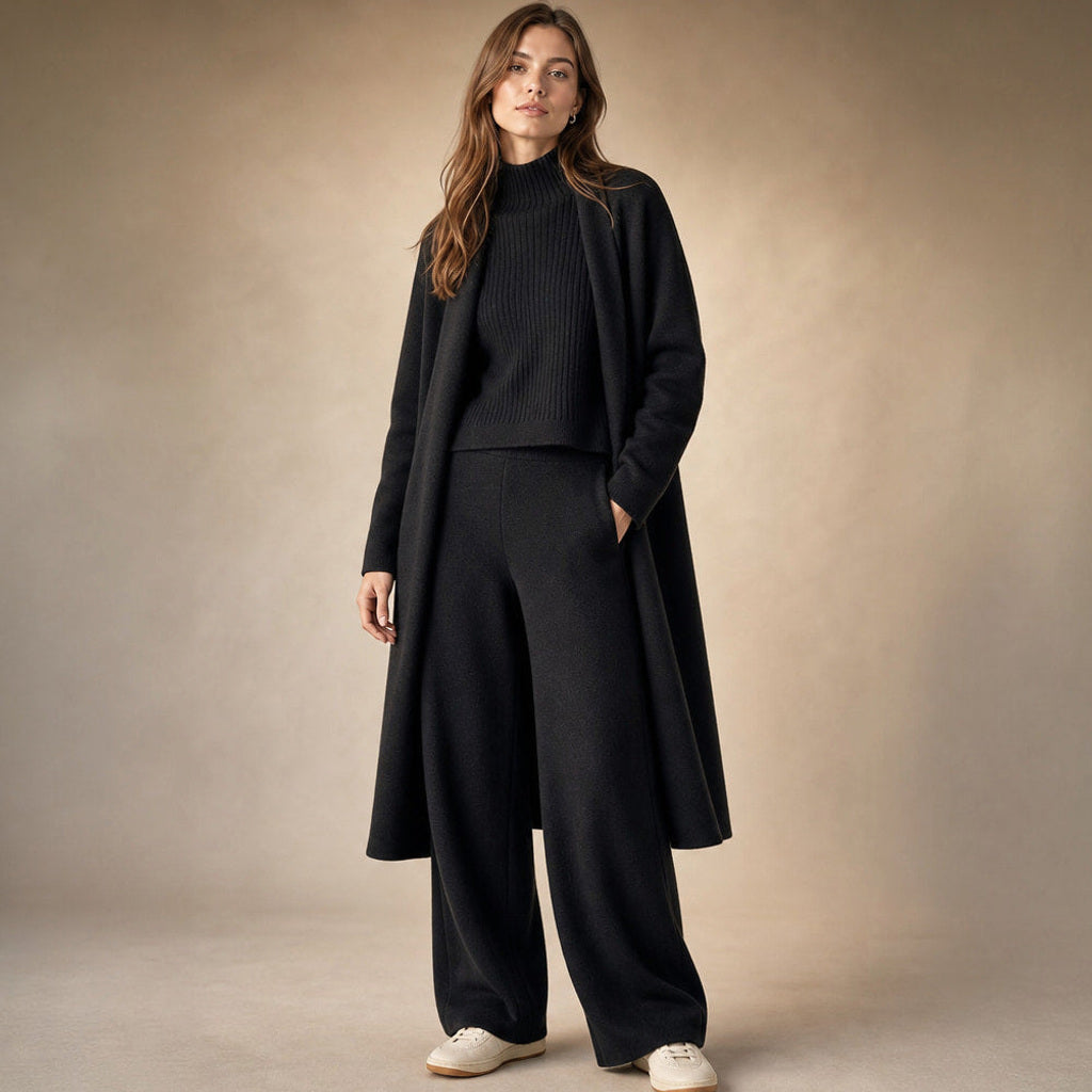 Erdmute | Strick-Set aus Schurwollmischung mit weichem Fall Mitternachtsschwarz – Produktfoto