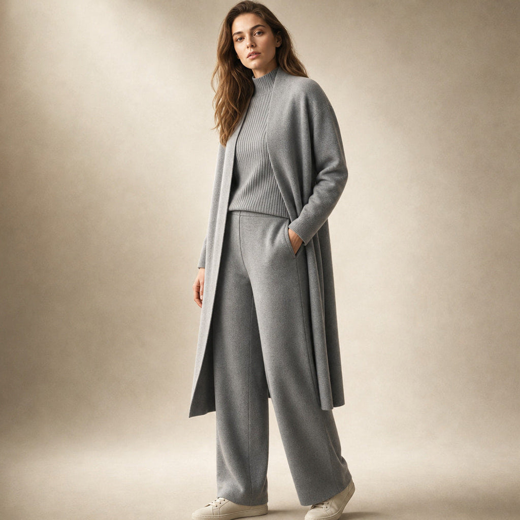 Erdmute | Strick-Set aus Schurwollmischung mit weichem Fall Slate Gray – Seitenansicht