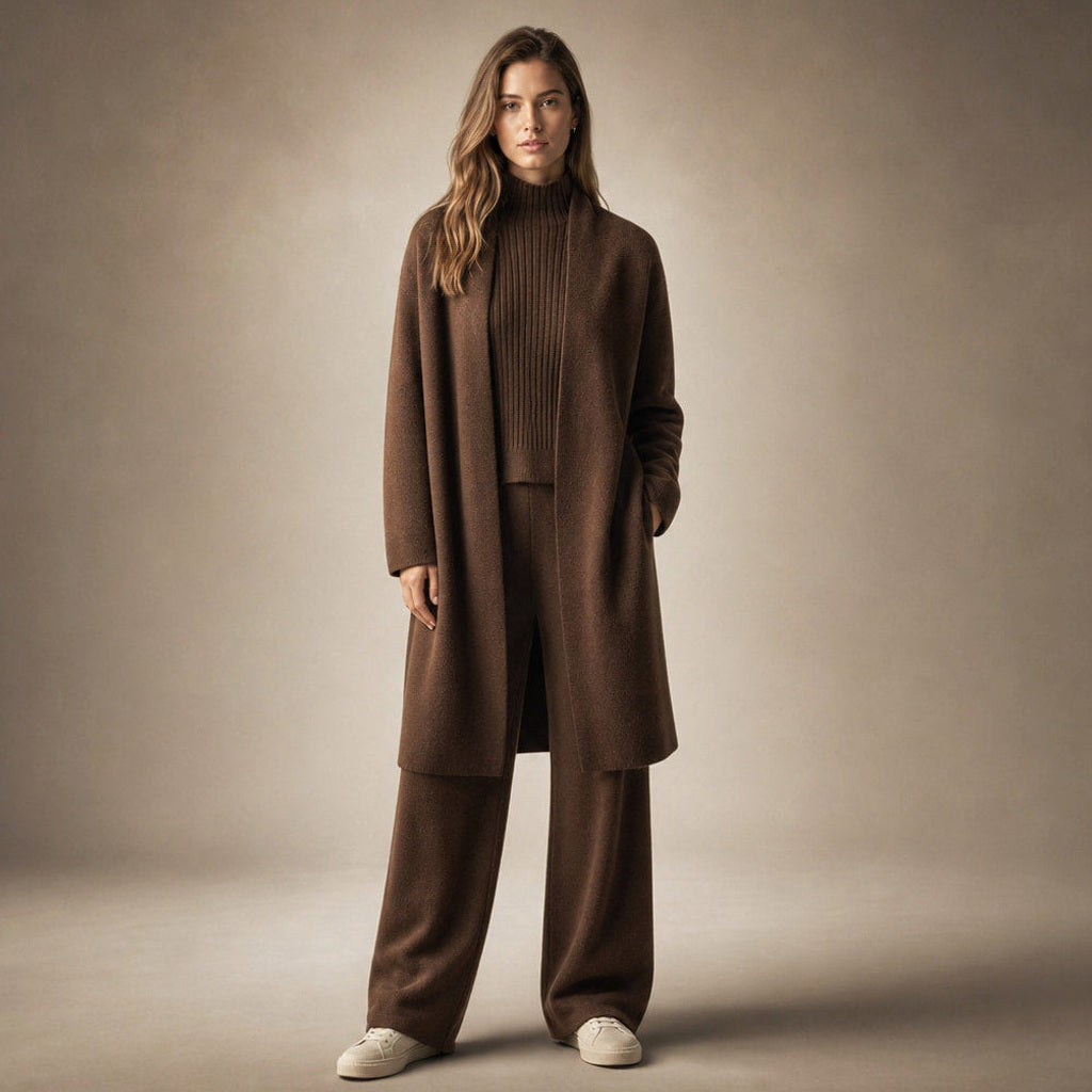 Erdmute | Strick-Set aus Schurwollmischung mit weichem Fall in Truffle Brown – Premium Editorial