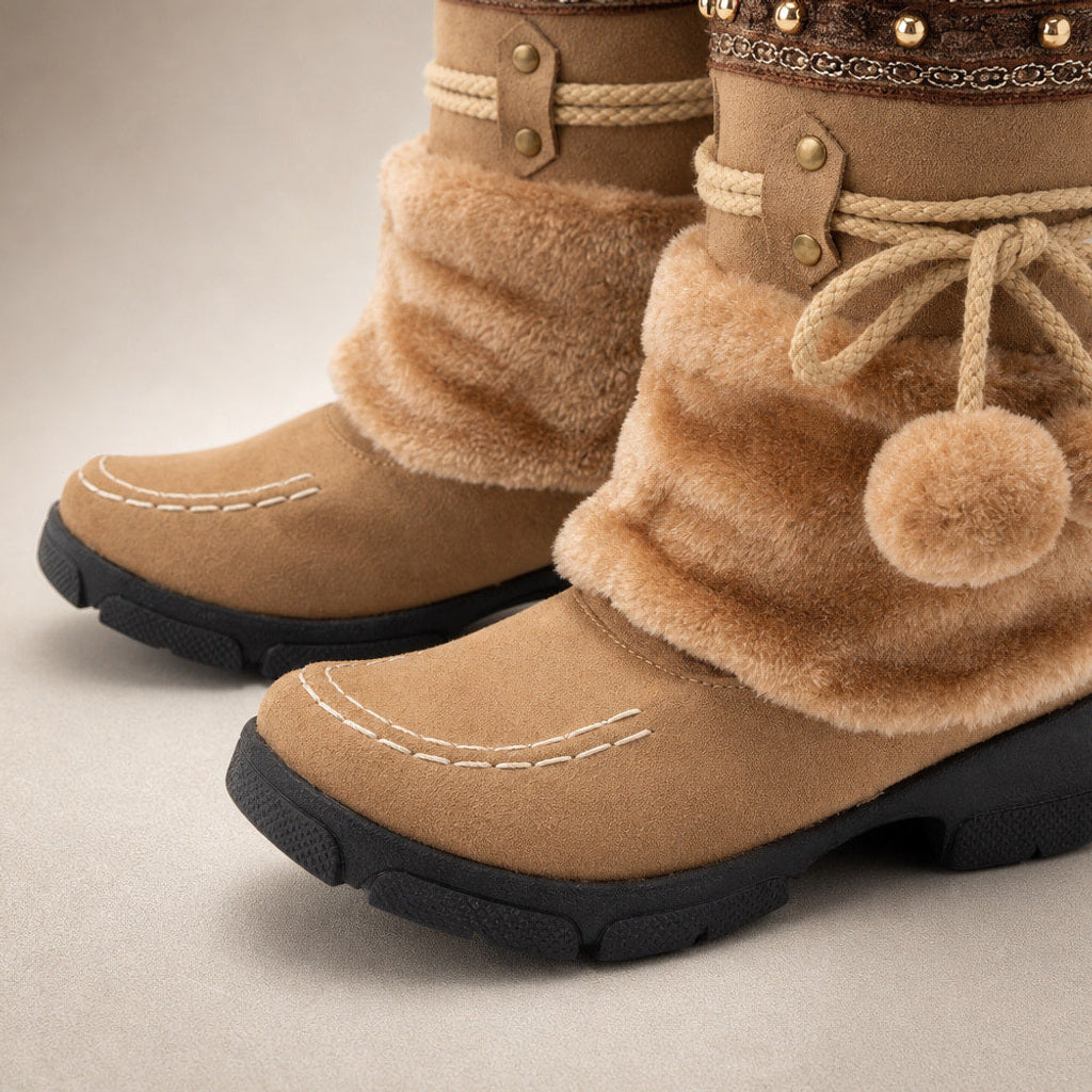 Erfriede | Stiefel mit Kunstfellkragen wadenhoch Braun Braun – Stoff- und Detailaufnahme