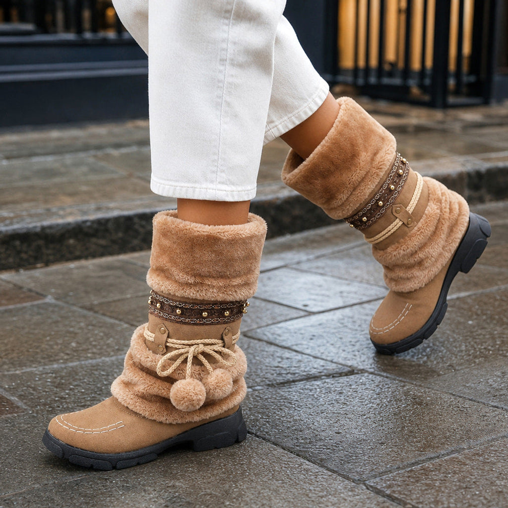 Erfriede | Stiefel mit Kunstfellkragen wadenhoch Braun Braun – Gestyltes Editorial-Foto