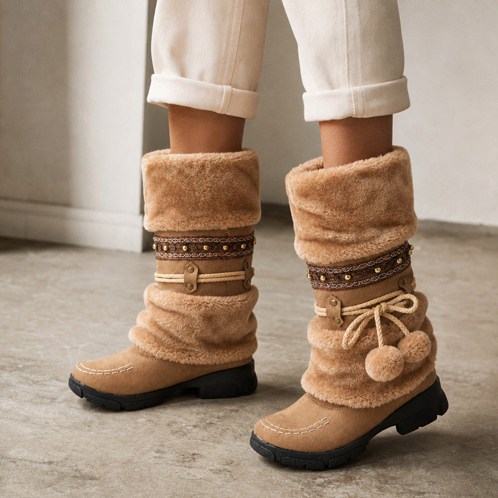 Erfriede | Stiefel mit Kunstfellkragen wadenhoch Braun – Gestyltes Editorial-Foto