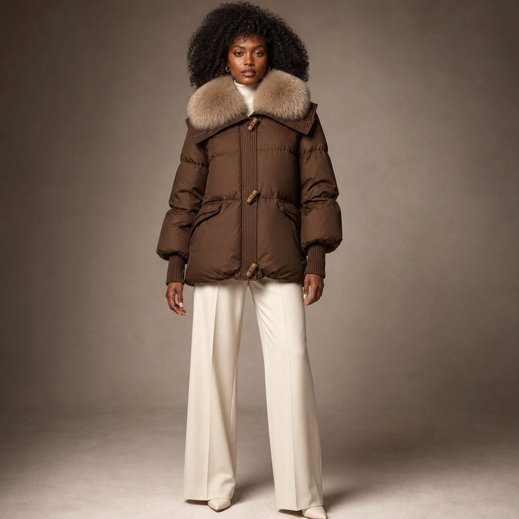 Erlinde | Steppjacke mit Tunnelzug und Volumenkragen in Braun – Premium Editorial