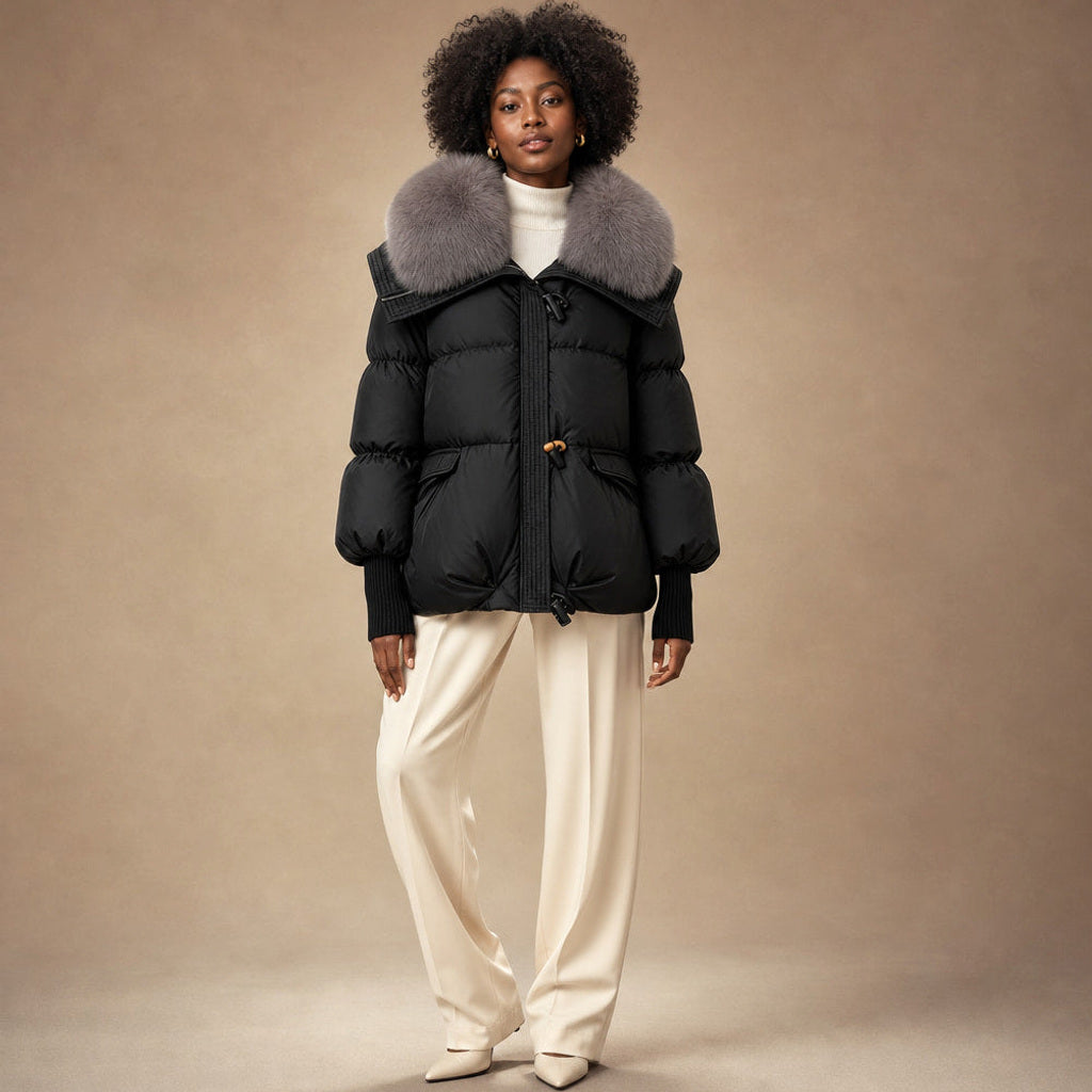 Erlinde | Steppjacke mit Tunnelzug und Volumenkragen in Schwarz – Premium Editorial