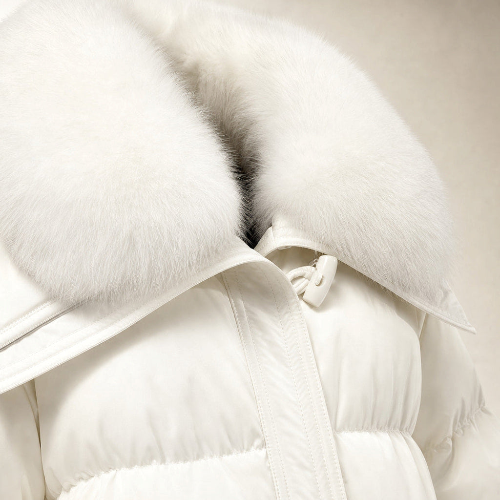 Erlinde | Steppjacke mit Tunnelzug und Volumenkragen Weiß – Stoff- und Detailaufnahme