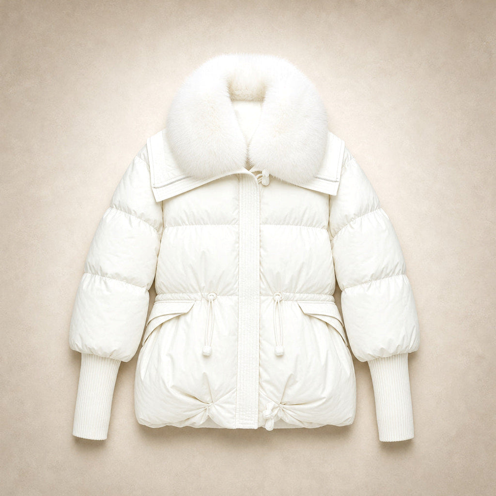 Erlinde | Steppjacke mit Tunnelzug und Volumenkragen Weiß – Flatlay-Produktfoto