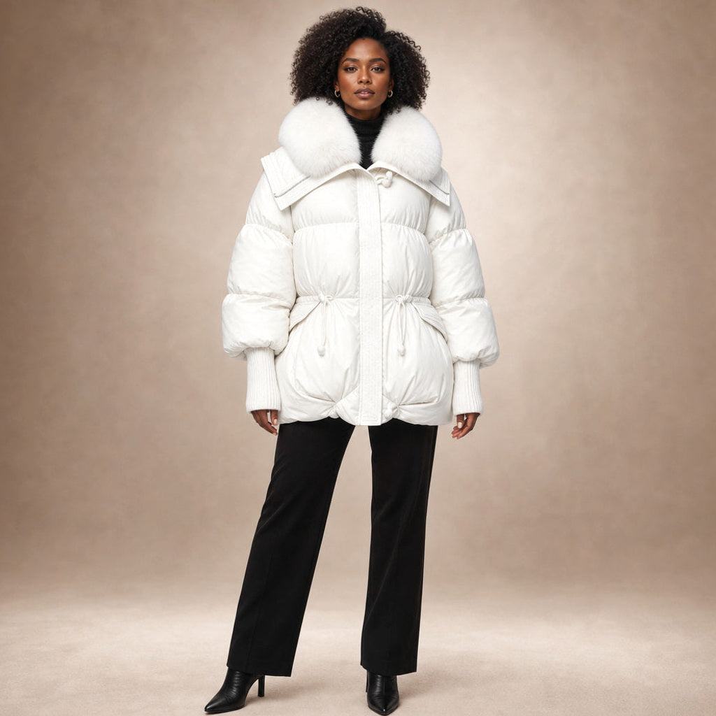 Erlinde | Steppjacke mit Tunnelzug und Volumenkragen in Weiß – Premium Editorial