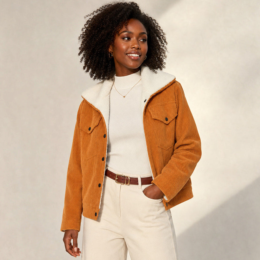 Ermegard | Cordjacke mit Sherpa-Futter Orange – Seitenansicht