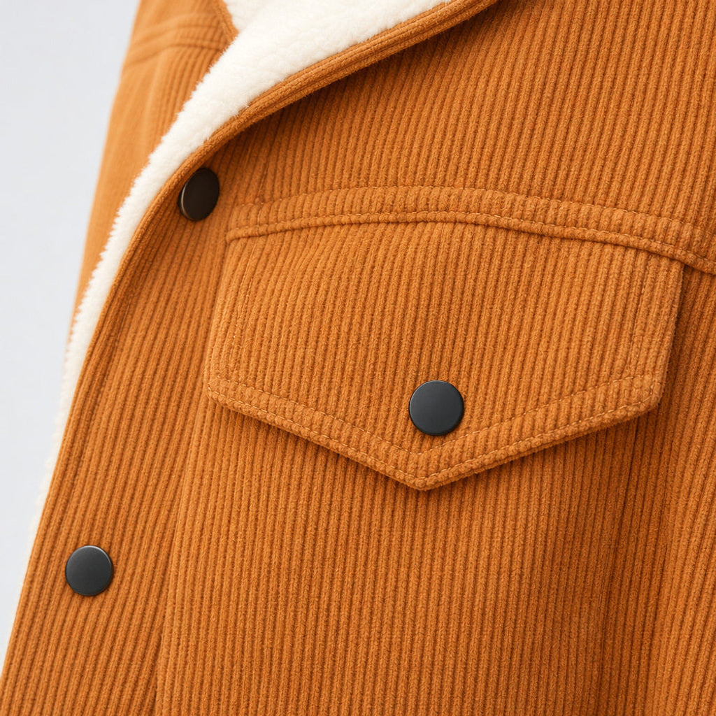 Ermegard | Cordjacke mit Sherpa-Futter Orange – Stoff- und Detailaufnahme