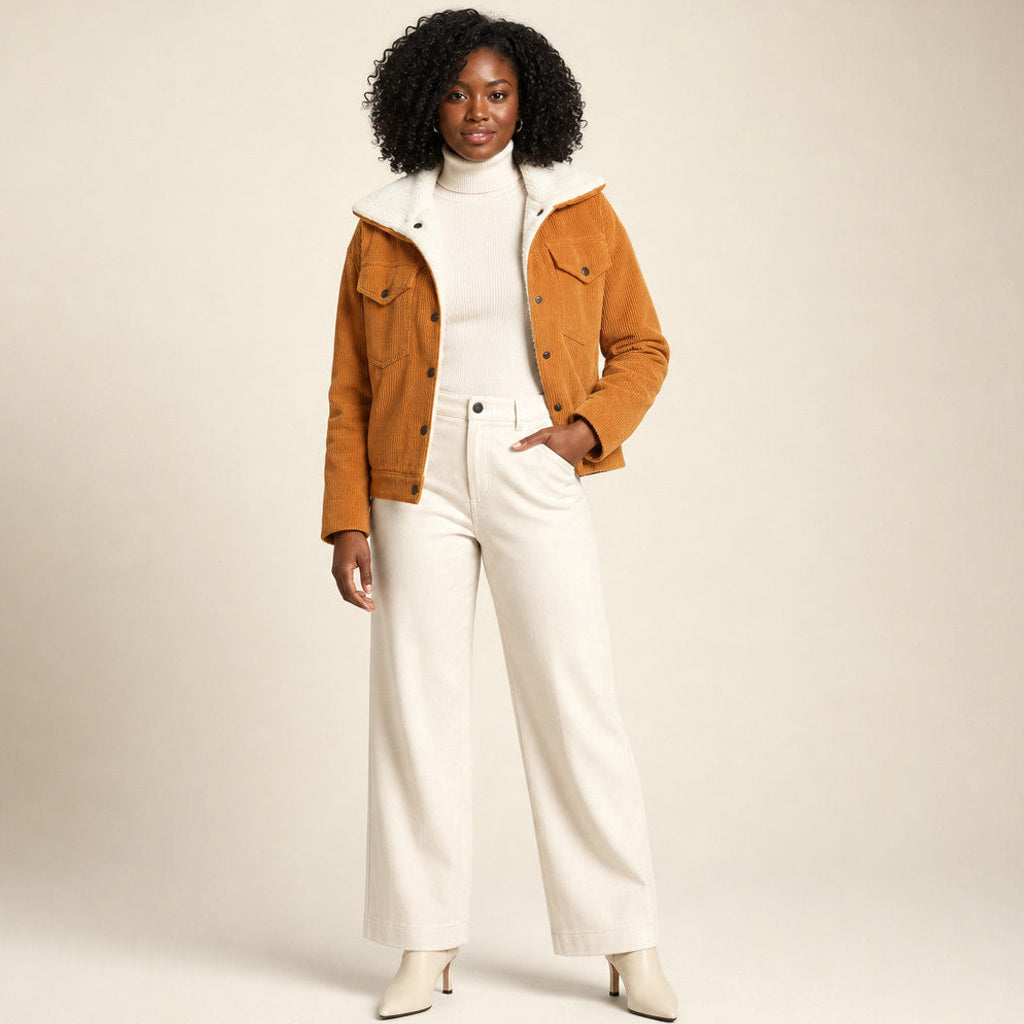 Ermegard | Cordjacke mit Sherpa-Futter Orange – Gesamtlook