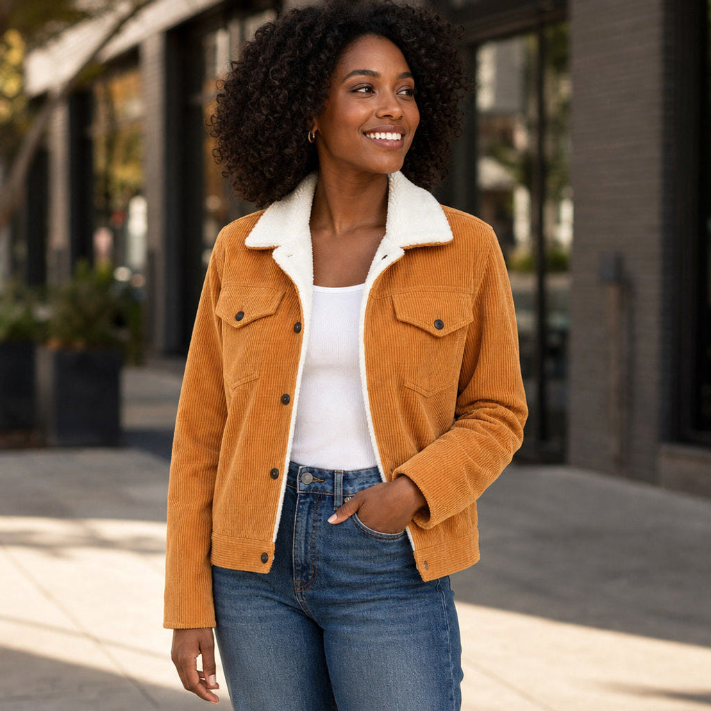 Ermegard | Cordjacke mit Sherpa-Futter Orange – Gestyltes Editorial-Foto
