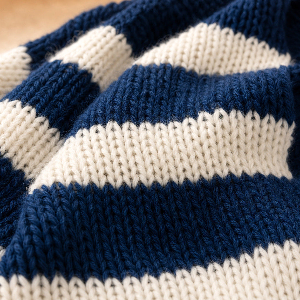 Ermentraud | Streifenpullover in Grobstrick mit Rundhals Blau – Stoff- und Detailaufnahme
