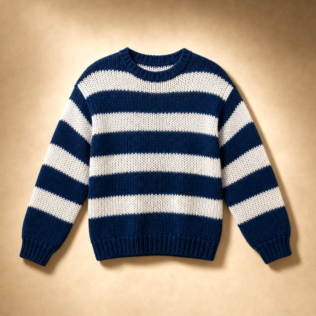 Ermentraud | Streifenpullover in Grobstrick mit Rundhals Blau – Produktfoto