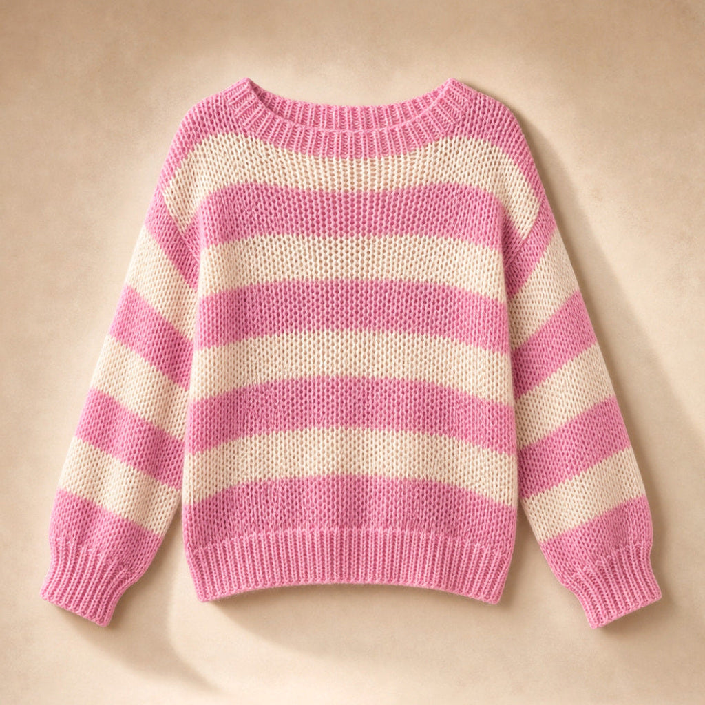 Ermentraud | Streifenpullover in Grobstrick mit Rundhals Pink – Produktfoto