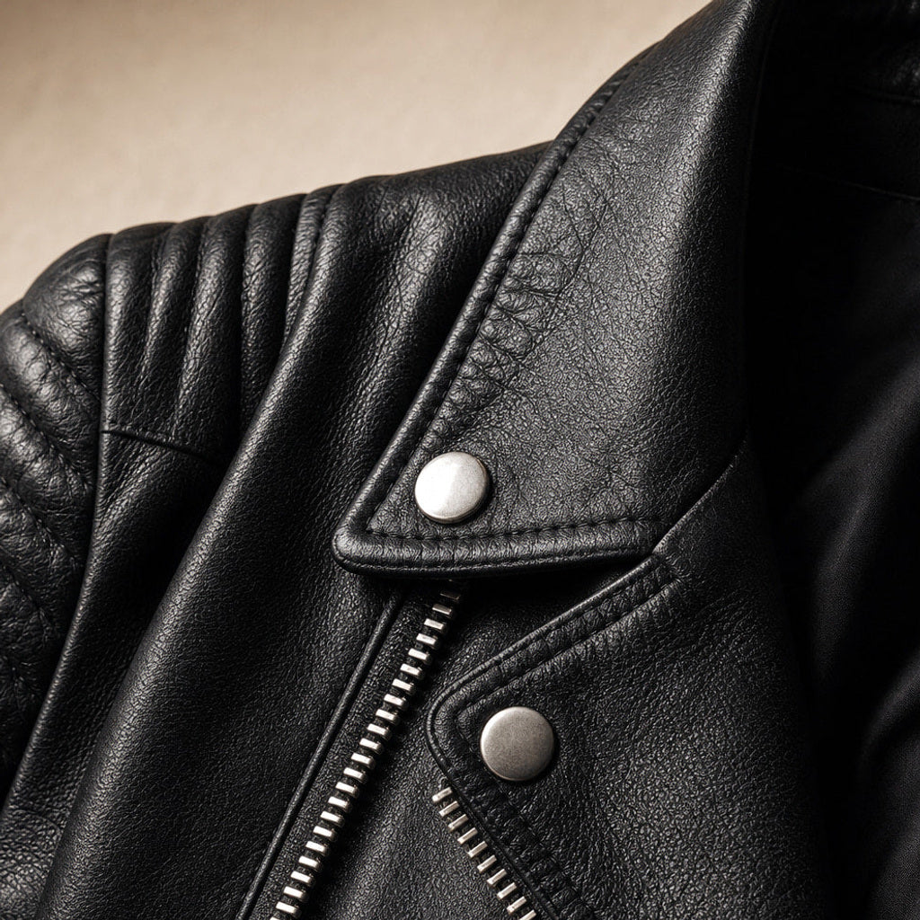Erminde | Bikerjacke aus Kunstleder mit Stehkragen Schwarz – Stoff- und Detailaufnahme
