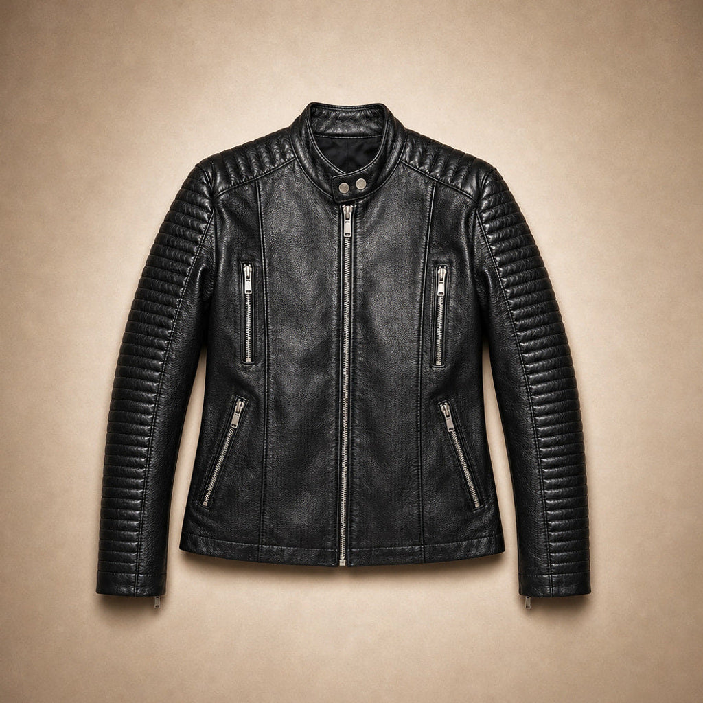 Erminde | Bikerjacke aus Kunstleder mit Stehkragen Schwarz – Flatlay-Produktfoto
