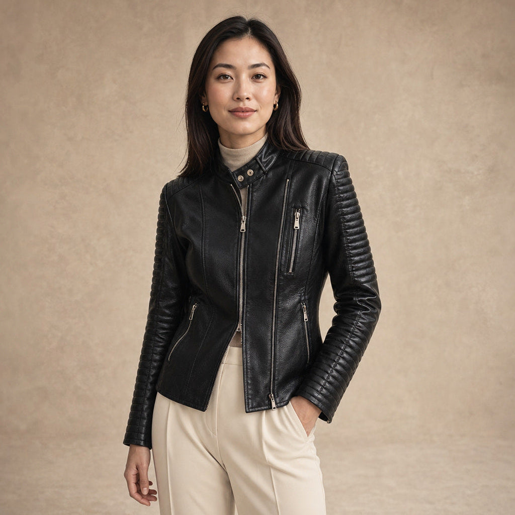 Erminde | Bikerjacke aus Kunstleder mit Stehkragen in Schwarz – Premium Editorial