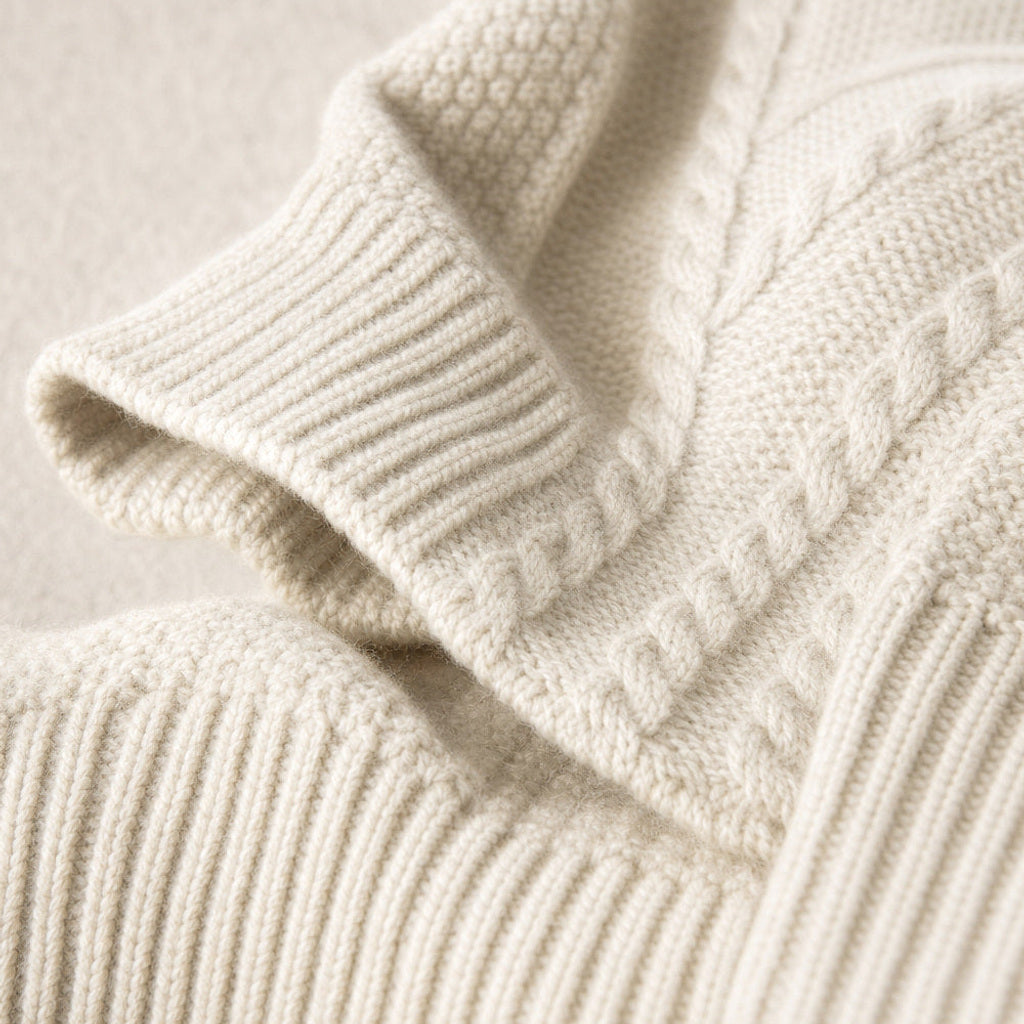 Ermtraud | Strickjacke mit Zopfmuster und Knopfleiste Hellbeige – Stoff- und Detailaufnahme