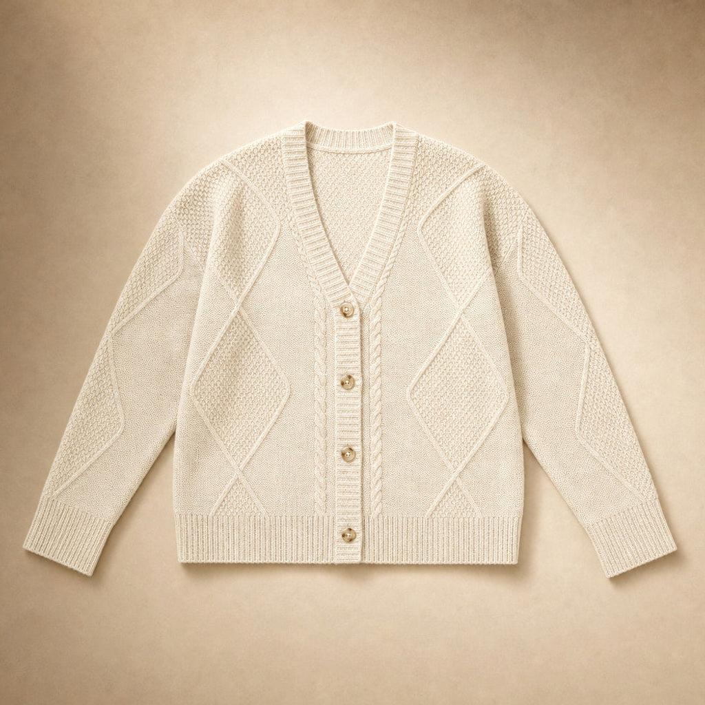 Ermtraud | Strickjacke mit Zopfmuster und Knopfleiste Hellbeige – Produktfoto