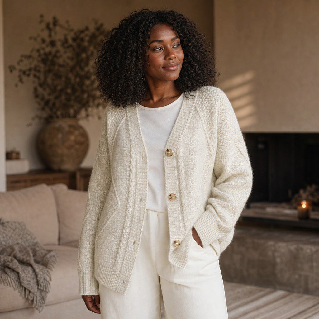 Ermtraud | Strickjacke mit Zopfmuster und Knopfleiste Hellbeige – Gestyltes Editorial-Foto