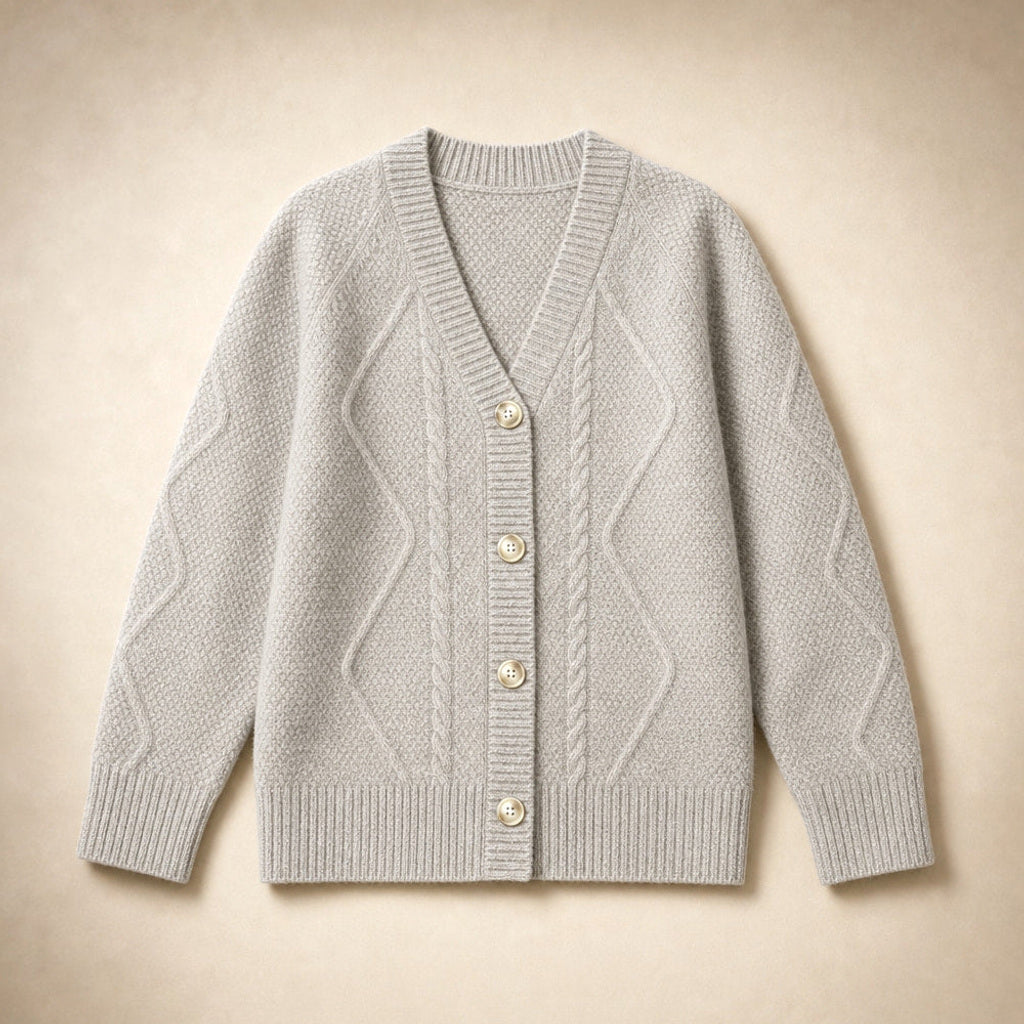 Ermtraud | Strickjacke mit Zopfmuster und Knopfleiste Hellgrau – Produktfoto