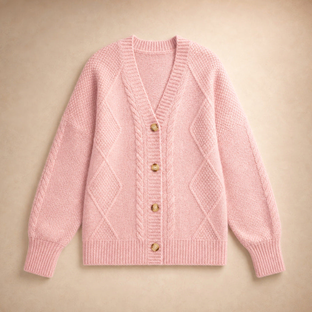 Ermtraud | Strickjacke mit Zopfmuster und Knopfleiste Pink – Produktfoto