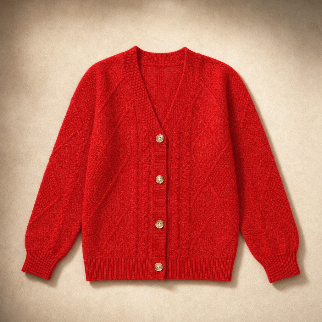 Ermtraud | Strickjacke mit Zopfmuster und Knopfleiste Rot – Produktfoto
