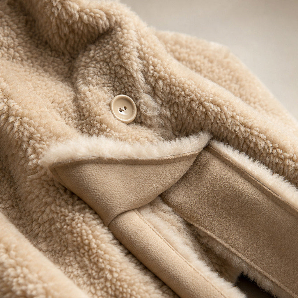 Evelinde | Wickelmantel in Lammfell-Optik Khaki Beige – Stoff- und Detailaufnahme
