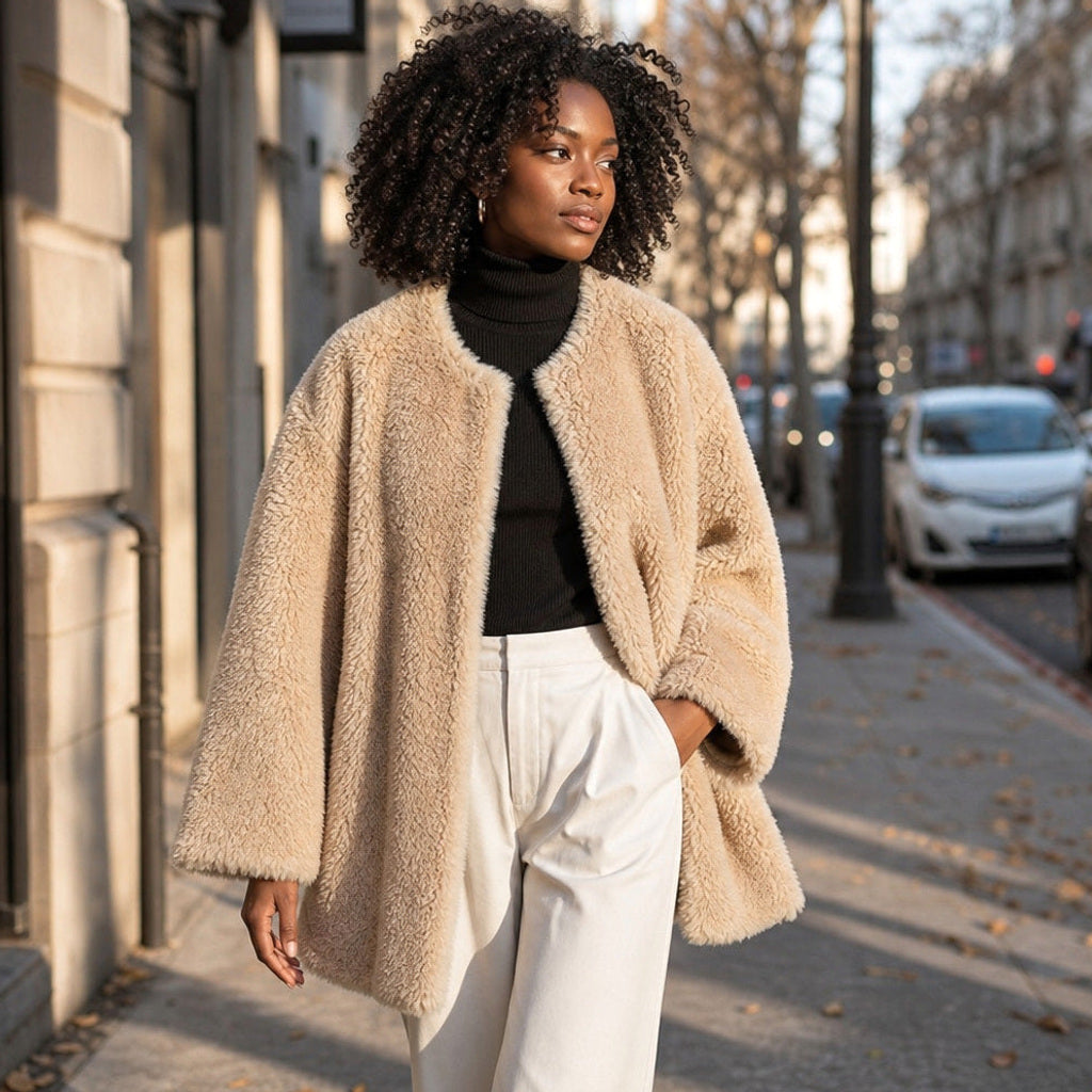 Evelinde | Wickelmantel in Lammfell-Optik Khaki Beige – Gestyltes Editorial-Foto