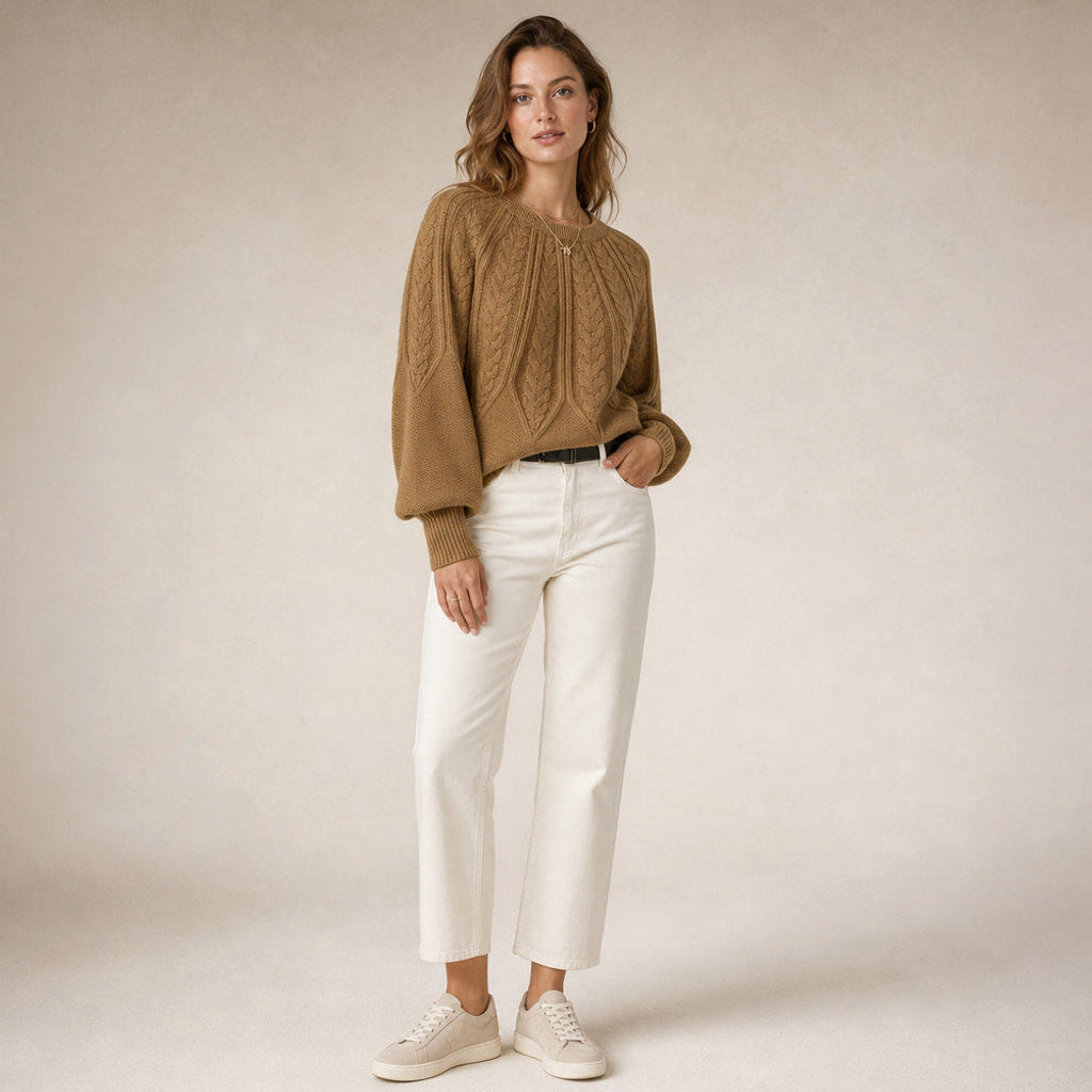 Fiede | Zopfstrick-Pullover mit weitem Schnitt Braun – Seitenansicht