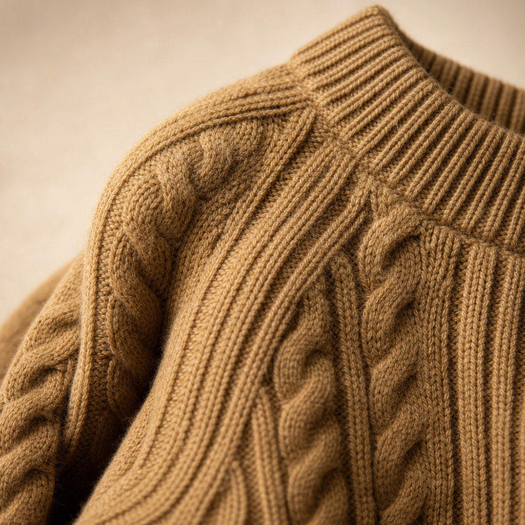 Fiede | Zopfstrick-Pullover mit weitem Schnitt Braun – Stoff- und Detailaufnahme