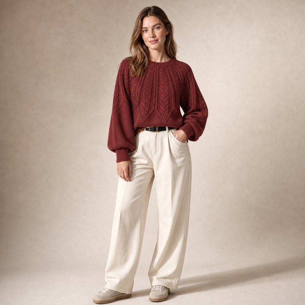 Fiede | Zopfstrick-Pullover mit weitem Schnitt in Rot – Premium Editorial