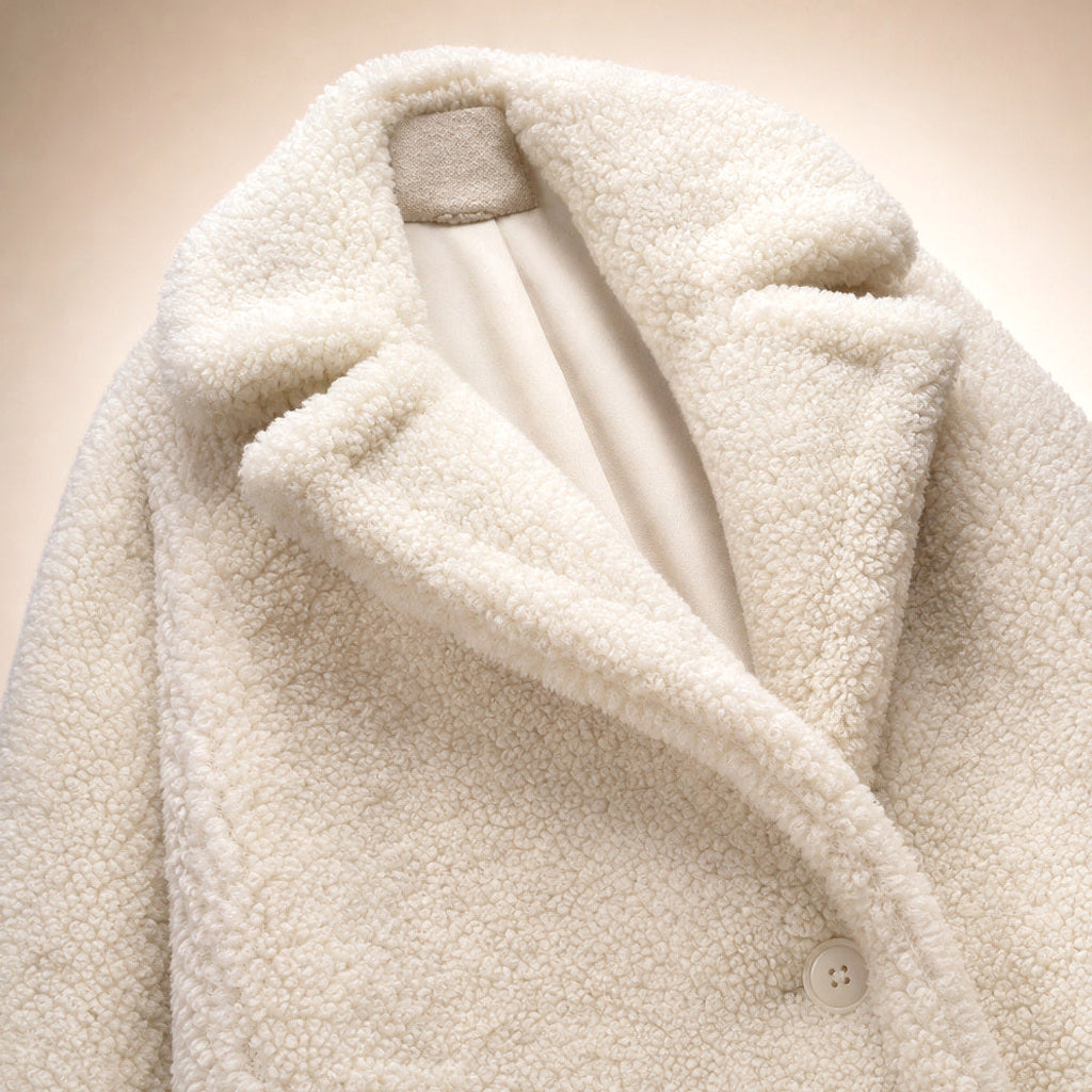Friederike | Teddy-Wickelmantel in Longline – Stoff- und Detailaufnahme