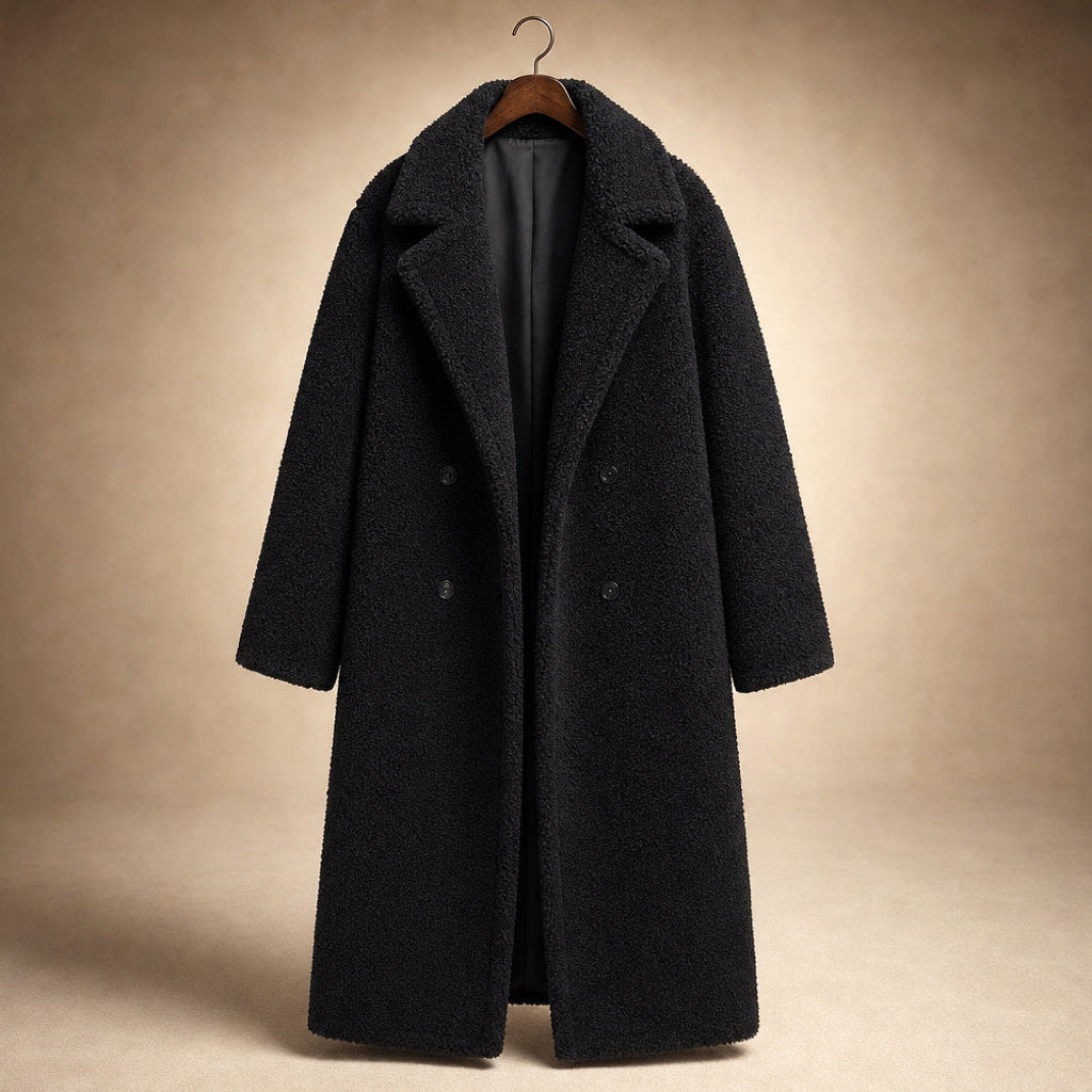Friederike | Teddy-Wickelmantel in Longline Schwarz – Produktfoto