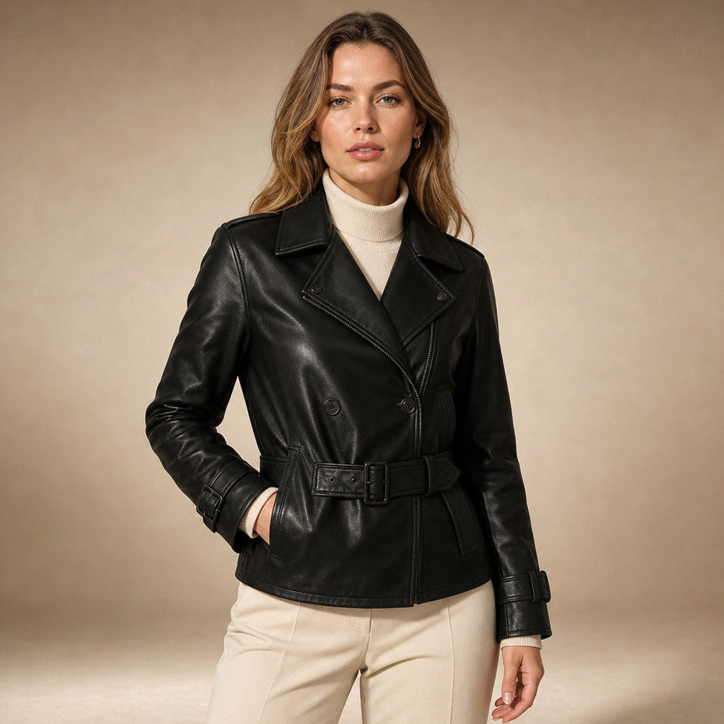 Friedhilde | Kurze Trenchjacke in Lederoptik Schwarz Schwarz – Produktfoto