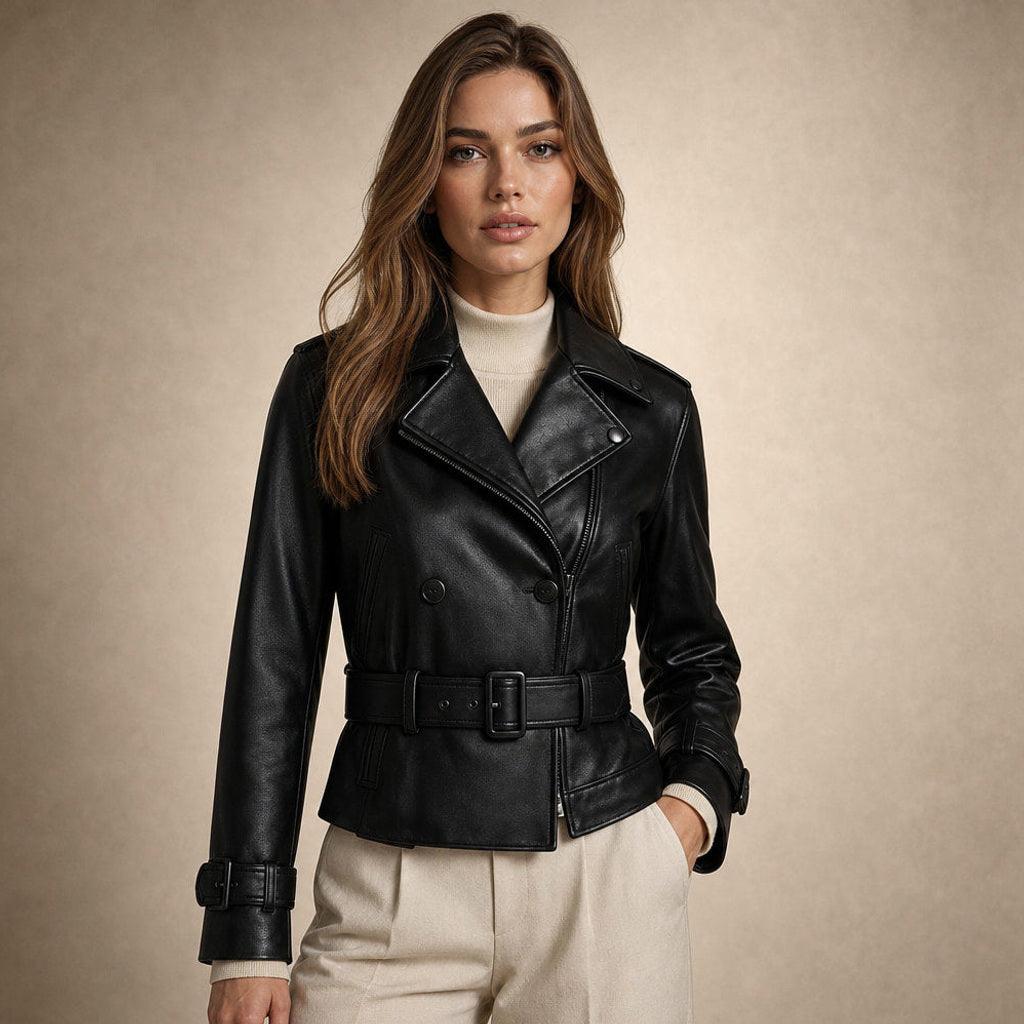 Friedhilde | Kurze Trenchjacke in Lederoptik Schwarz in Schwarz – Premium Editorial