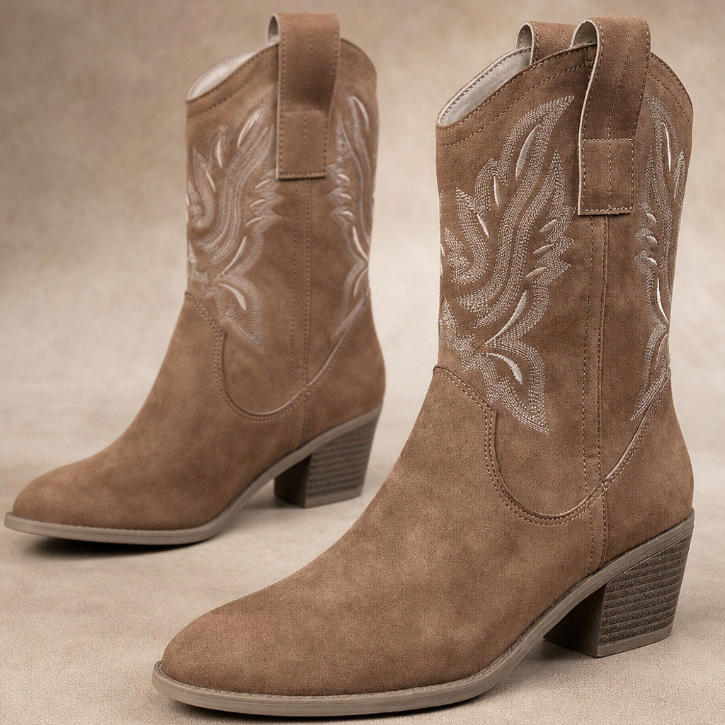 Friedlinde | Westernstiefel Damen mit Stickerei Braun Braun – Stoff- und Detailaufnahme
