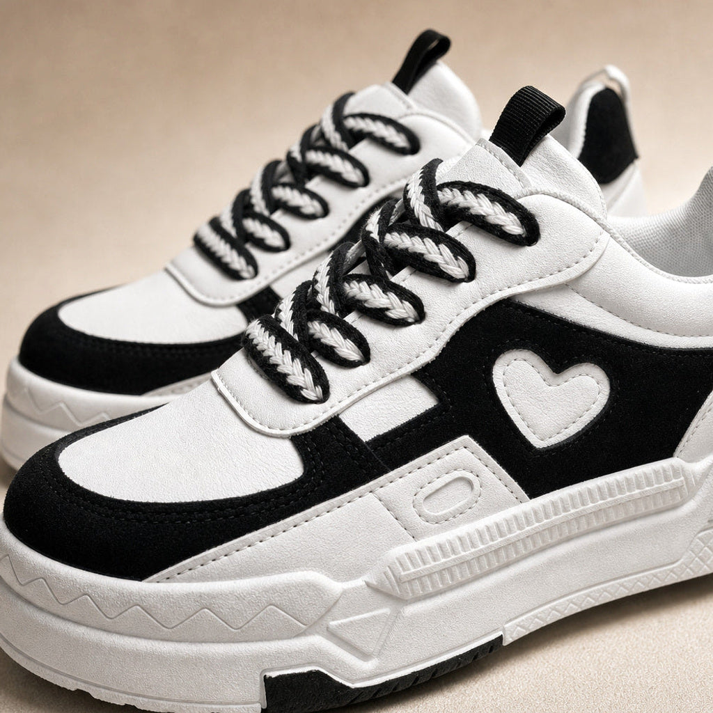 Gaudentia | Weisse Sneakers mit Plateausohle und Herzapplikation Weiß – Stoff- und Detailaufnahme