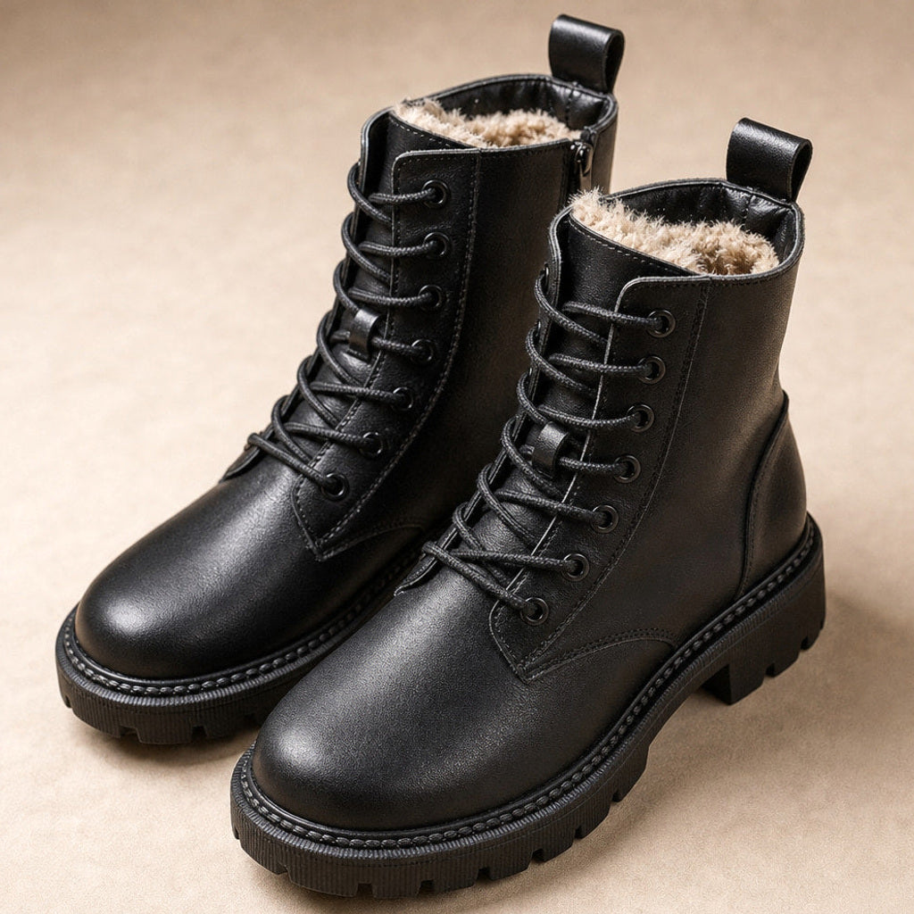Georgine | Stiefel mit Fleecefutter und Schnürung Schwarz – Stoff- und Detailaufnahme