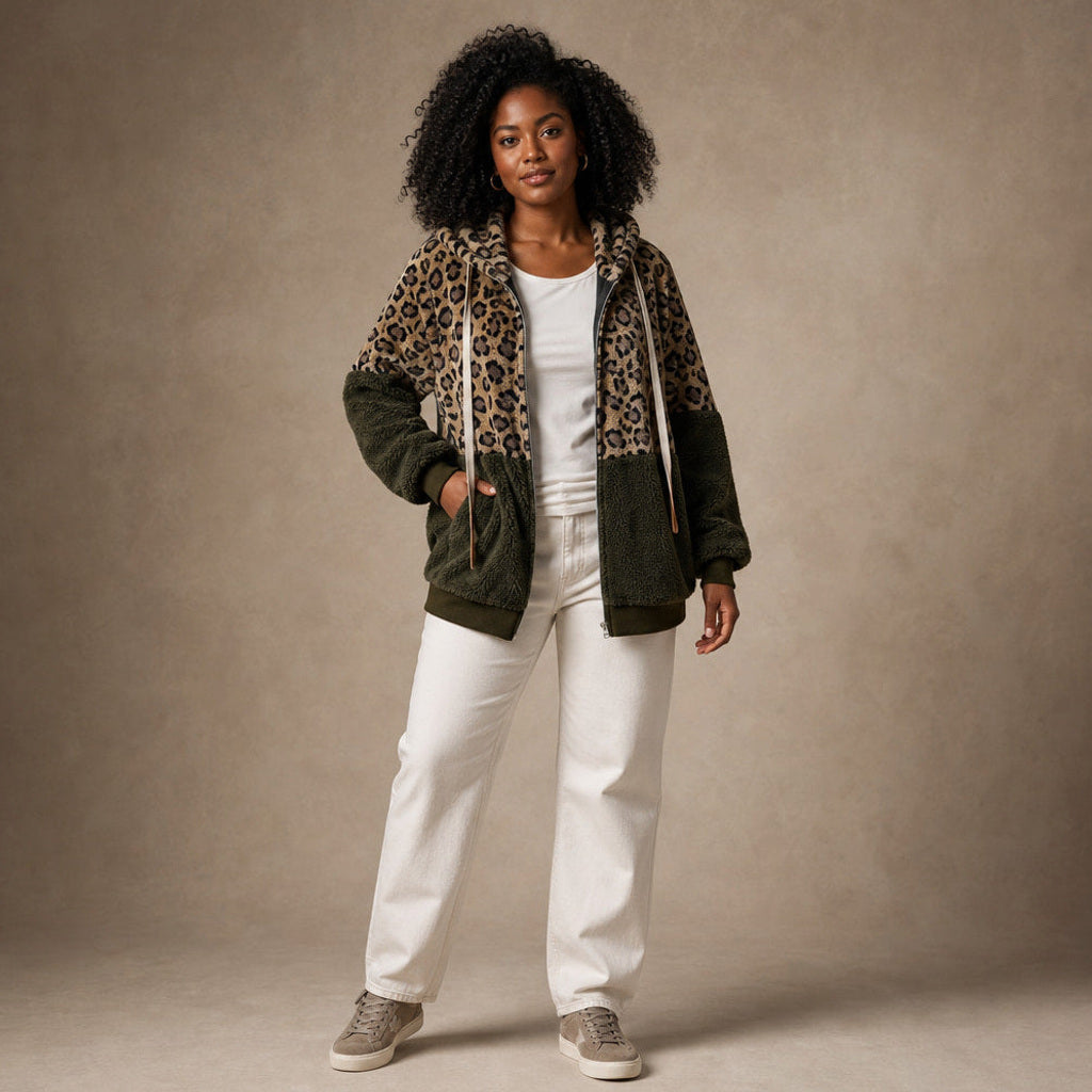 Geretrud | Longline-Kapuzenpullover mit Leopardenmuster Grün – Produktfoto