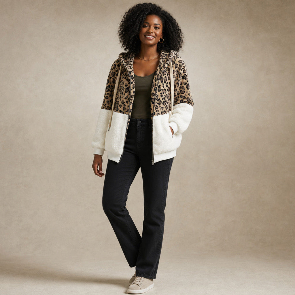 Geretrud | Longline-Kapuzenpullover mit Leopardenmuster Weiß – Produktfoto