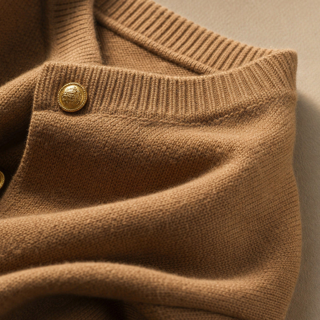 Gerhilt | Pullover aus Merinomischung mit Goldknöpfen Mokka / Braun – Stoff- und Detailaufnahme