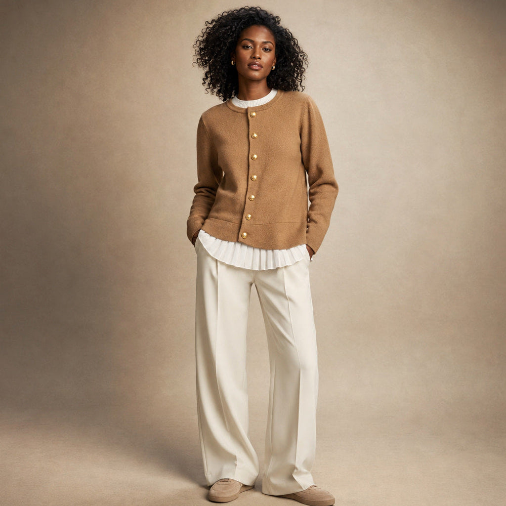 Gerhilt | Pullover aus Merinomischung mit Goldknöpfen Mokka / Braun – Gesamtlook