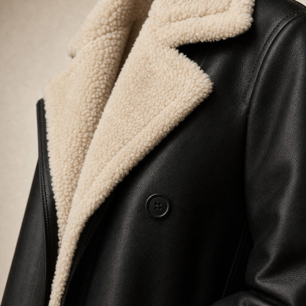Gerline | Longline Steppmantel mit Knopfleiste Schwarz – Stoff- und Detailaufnahme