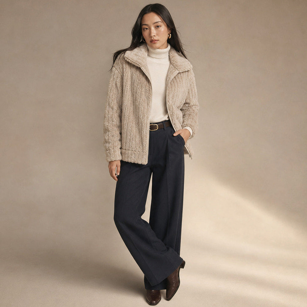 Gertraud | Plüschjacke mit durchgehendem Zip Beige – Seitenansicht