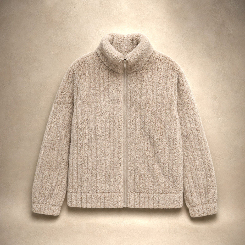 Gertraud | Plüschjacke mit durchgehendem Zip Beige – Flatlay-Produktfoto