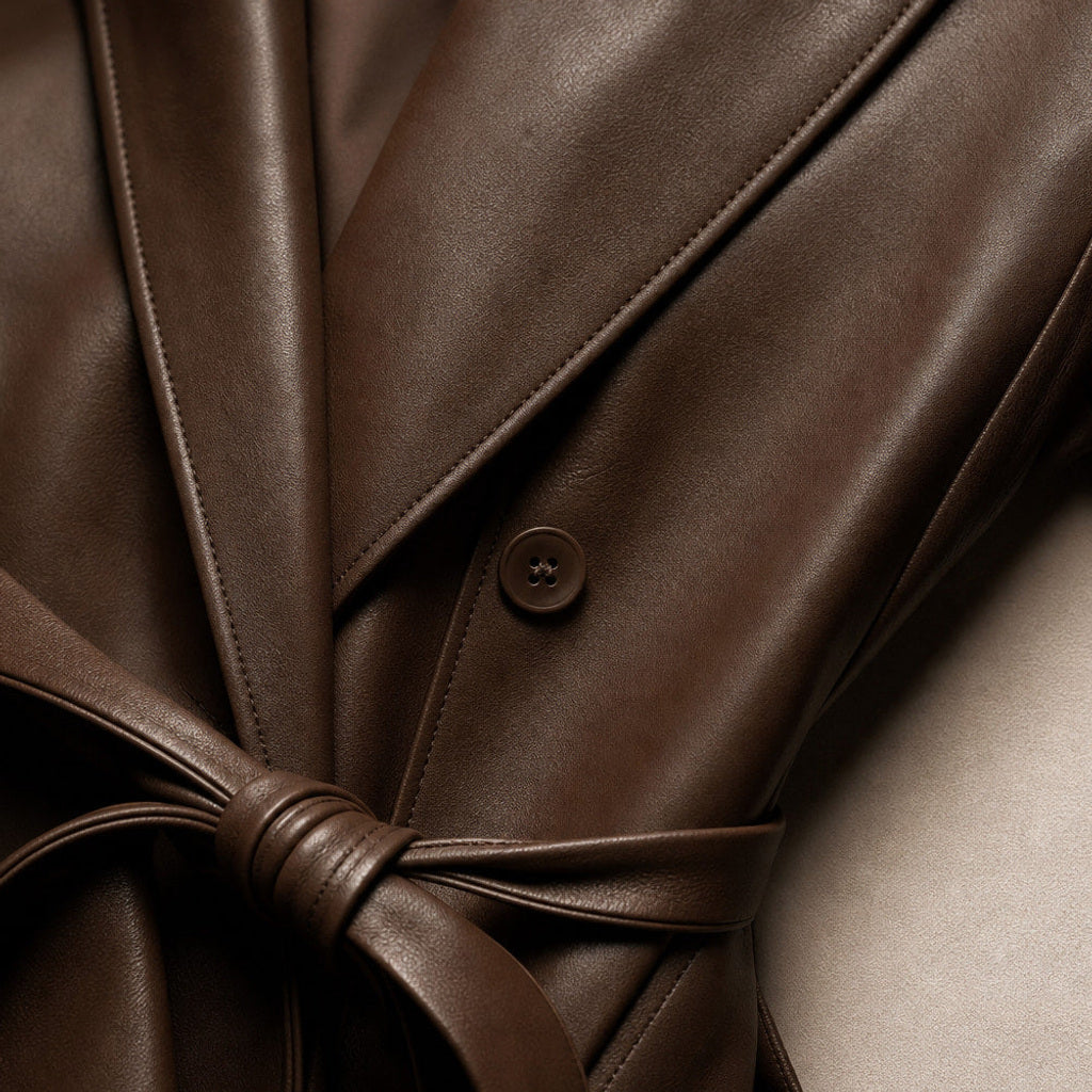 Giselde | Wickeljacke aus Kunstleder mit Bindegürtel Braun – Stoff- und Detailaufnahme