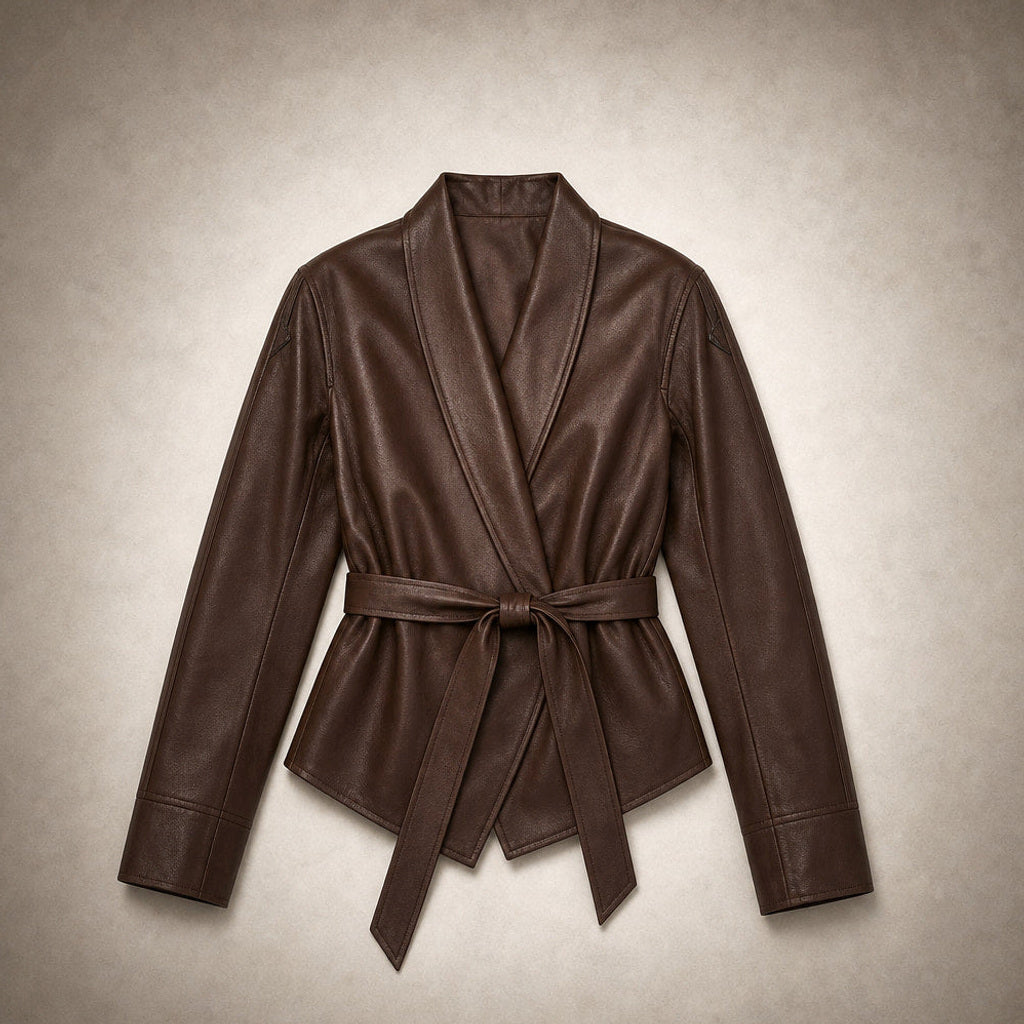Giselde | Wickeljacke aus Kunstleder mit Bindegürtel Braun – Flatlay-Produktfoto