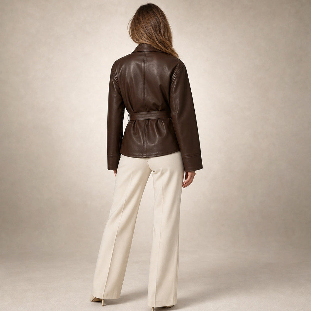 Giselde | Wickeljacke aus Kunstleder mit Bindegürtel Braun – Gesamtlook